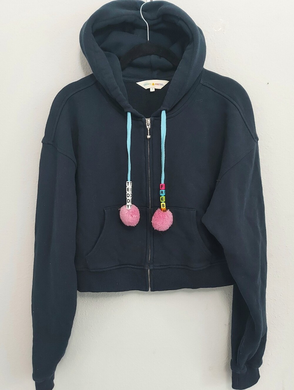 Teddy Fresh Pom Pom Beaded Drawstings Full Zip Cropped Black Hoodie Small Kawaii